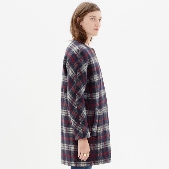 Madewell Navy and Red Brushed Plaid Soft Wool Blend Woman’s Estate Coat Size 10 - Picture 4 of 12